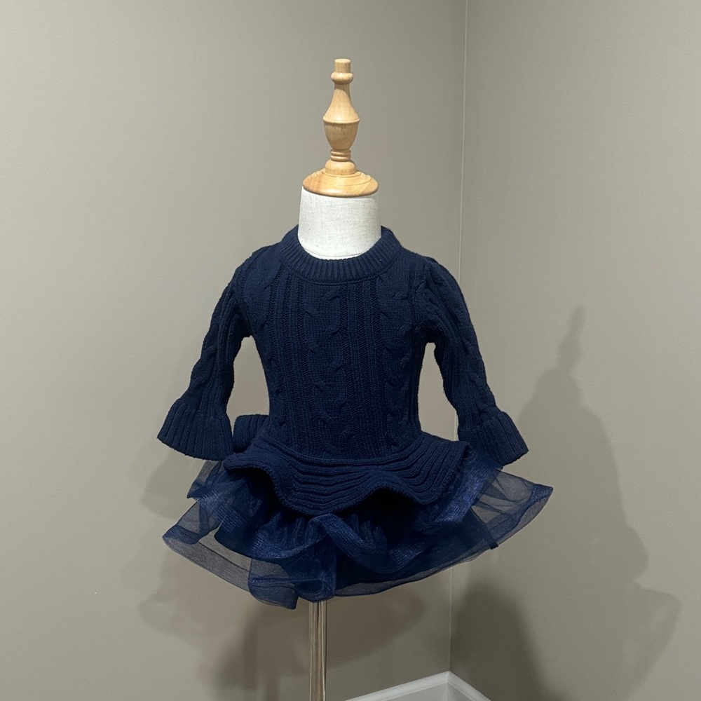 Navy Blue Cable Knit Dress with Tulle Skirt